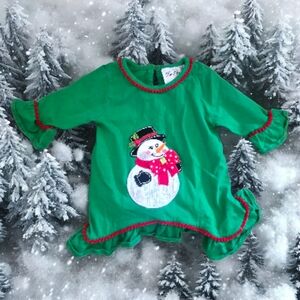 Rare Editions Baby Girls 12M Green Christmas Dress Snowman Appliqué Pom Pom Trim
